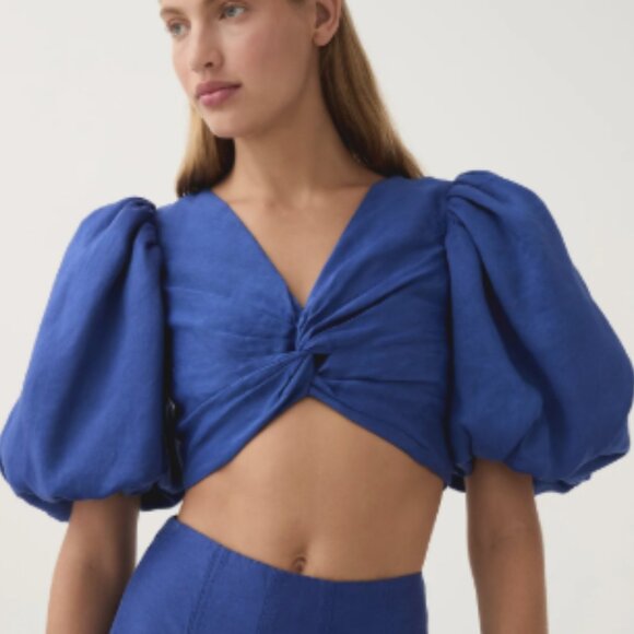 Aje Tops - NWT Aje Reverb Puff Sleeve Twist Front Crop Top Button Back Cobalt Blue 4